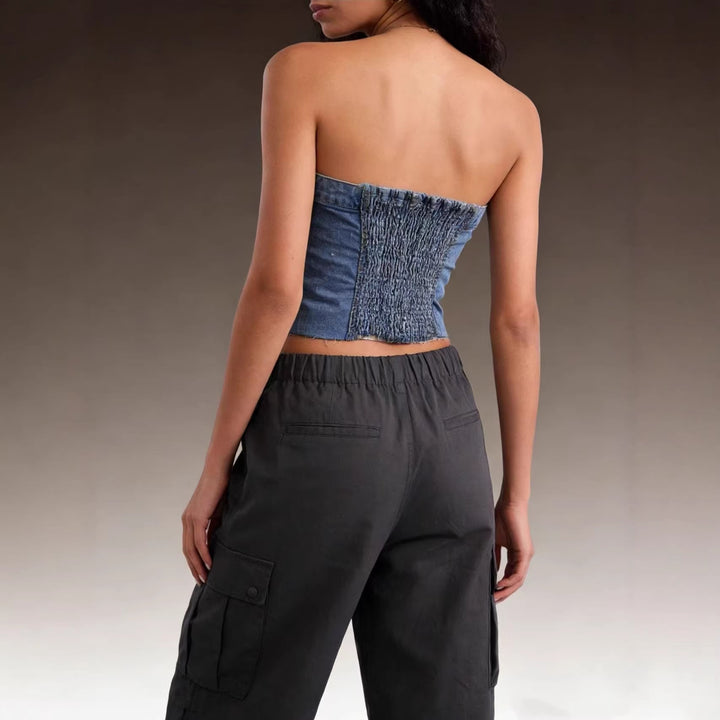 Dame Denim Bustier-top med knapdetalje og frynser Skovae