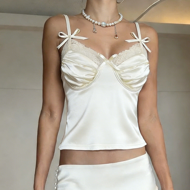 Dame Satin-Camisole med blonder og legende sløjfer Skovae