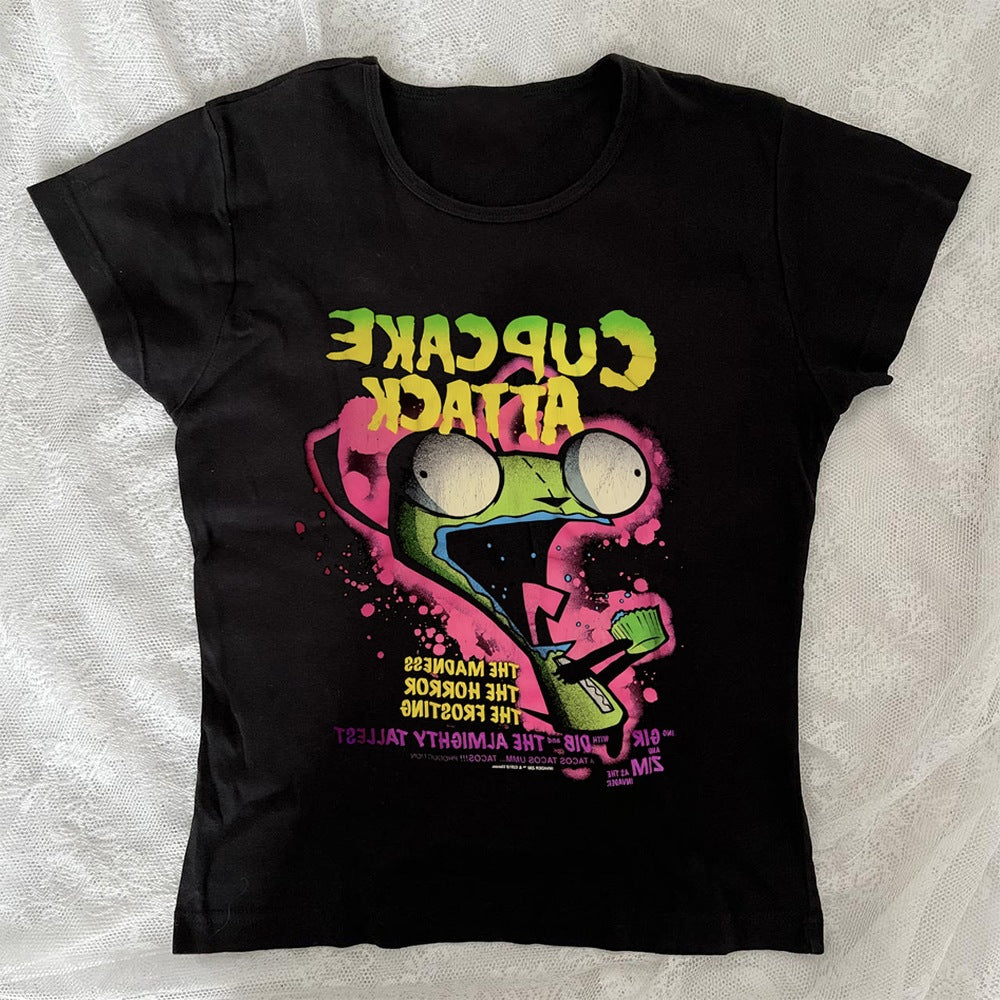 Dame T-shirt med kreativ cupcake-motiv og moderne print Skovae