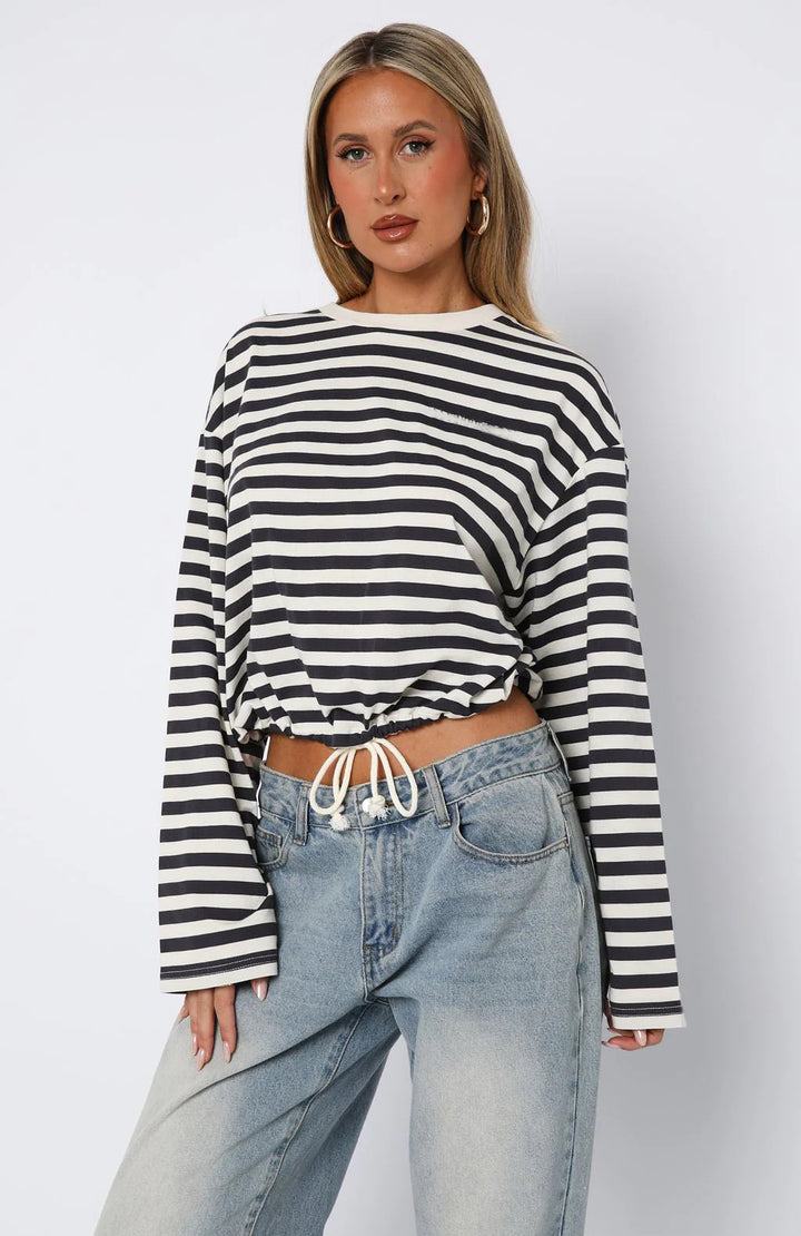 Dame afslappet stribet crop-pullover med snor Stilla