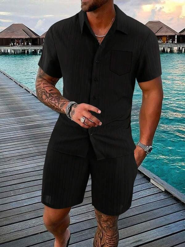 Herren kortærmet skjorte og shorts sæt med struktureret design Stilla
