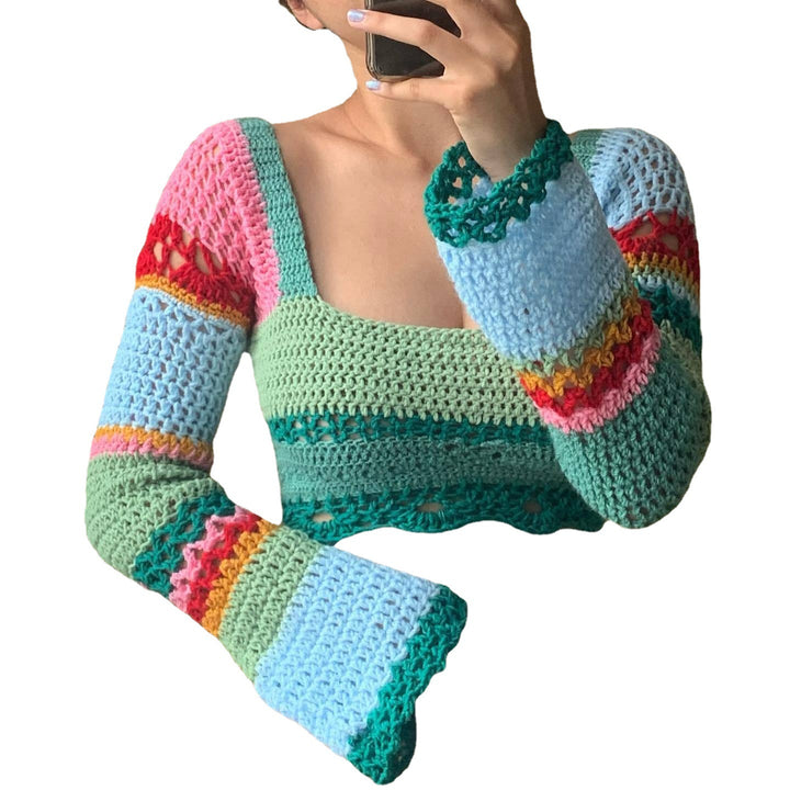 Dame hæklede Crop-Top med lange ærmer og usædvanlig kant Skovae