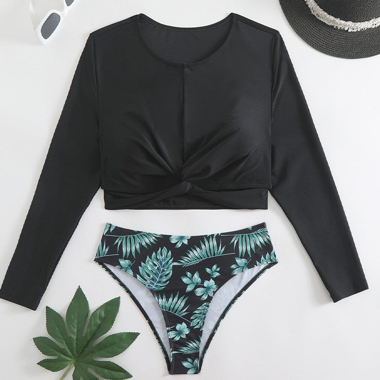 Dame bikini-sæt med langærmet crop-top og floral high-waist slip Stilla