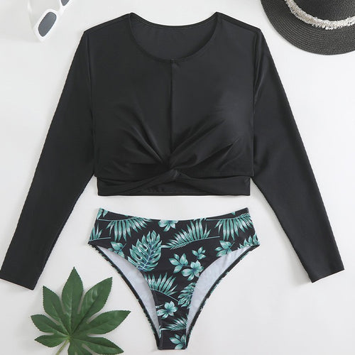 Dame bikini-sæt med langærmet crop-top og floral high-waist slip Stilla
