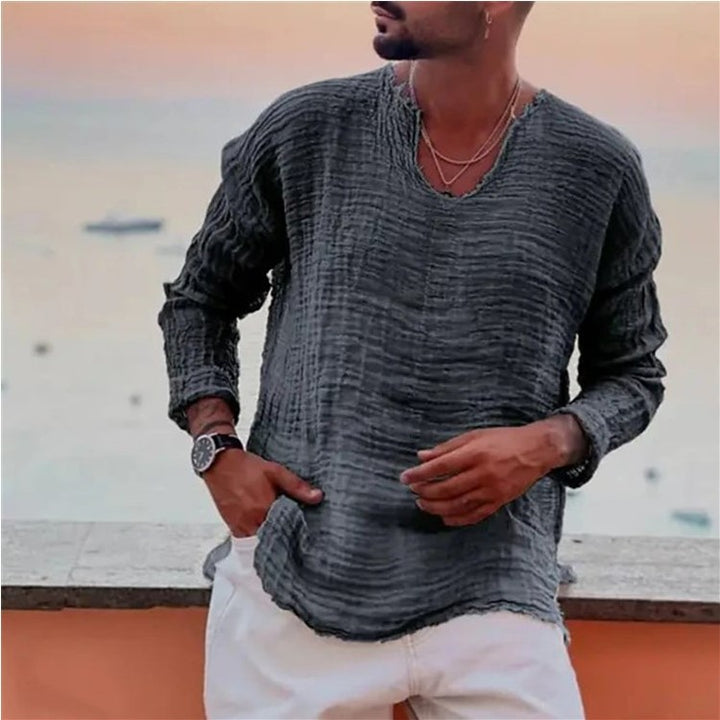 Herrer afslappet V-hals linnedragt med luftig tekstur Stilla