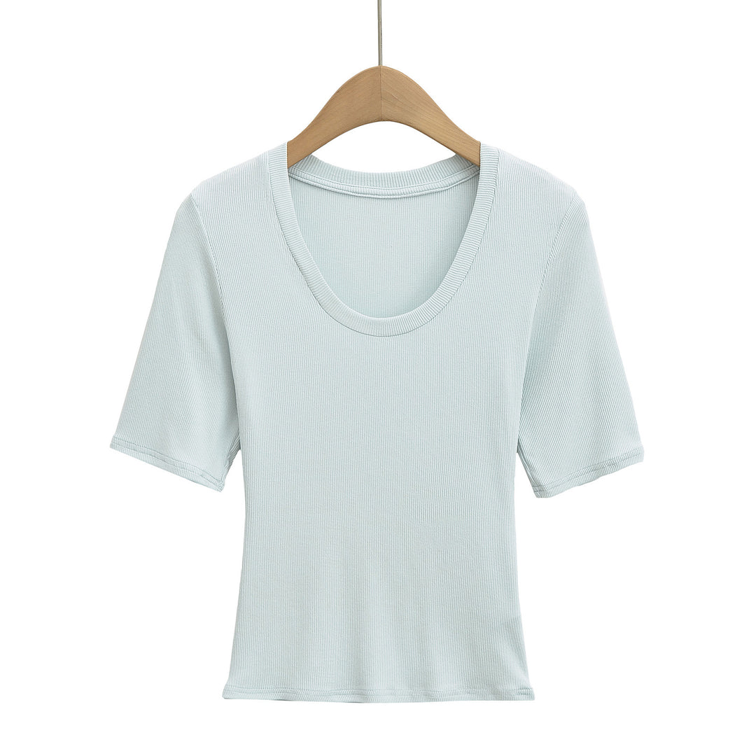 Dame Kortærmet T-shirt med dyb rundhalsudskæring og elastisk rib-materiale Stilla