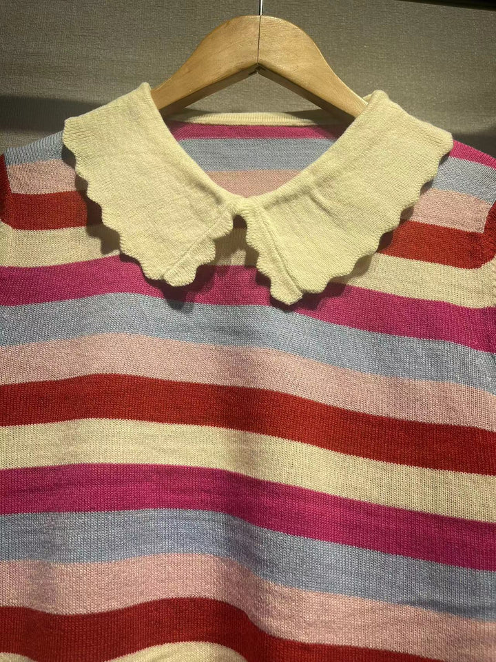 Dame strikpullover med kontraststriber og elegant krave Stilla