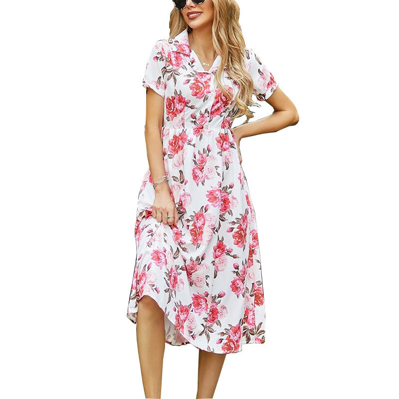 Dame Blomster Knapliste Midi Kjole Stilla