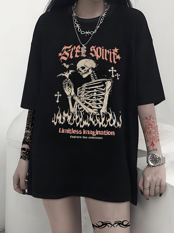Dame T-shirt med kunstnerisk skeletmotiv og unikt tryk Skovae