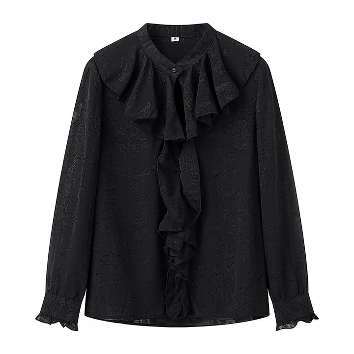 Damebluse med voluminøs rynkekrave og fin hulbroderi Stilla