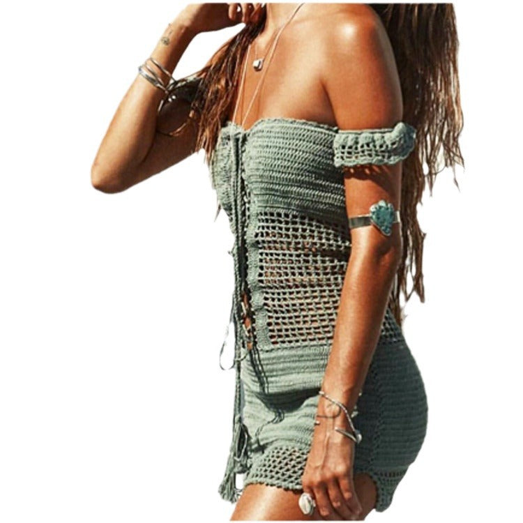 Dame Hæklet Strandkjole med Off-Shoulder Design og forførende rygudskæring Skovae