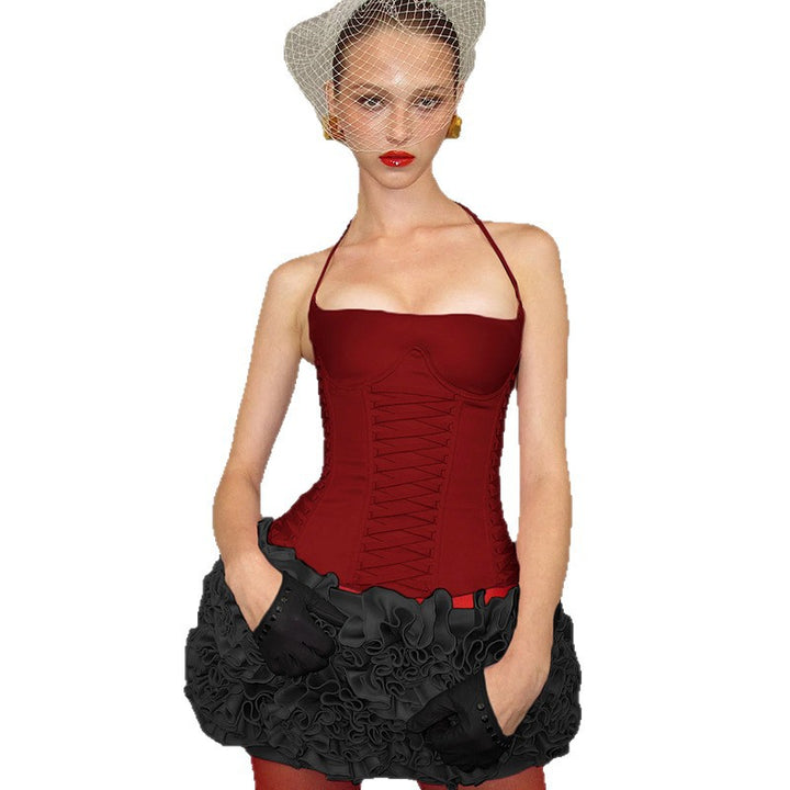 Damen Cropped Oberteil mit dekorativem Bindeband und raffinierten Rüschendetails Skovae