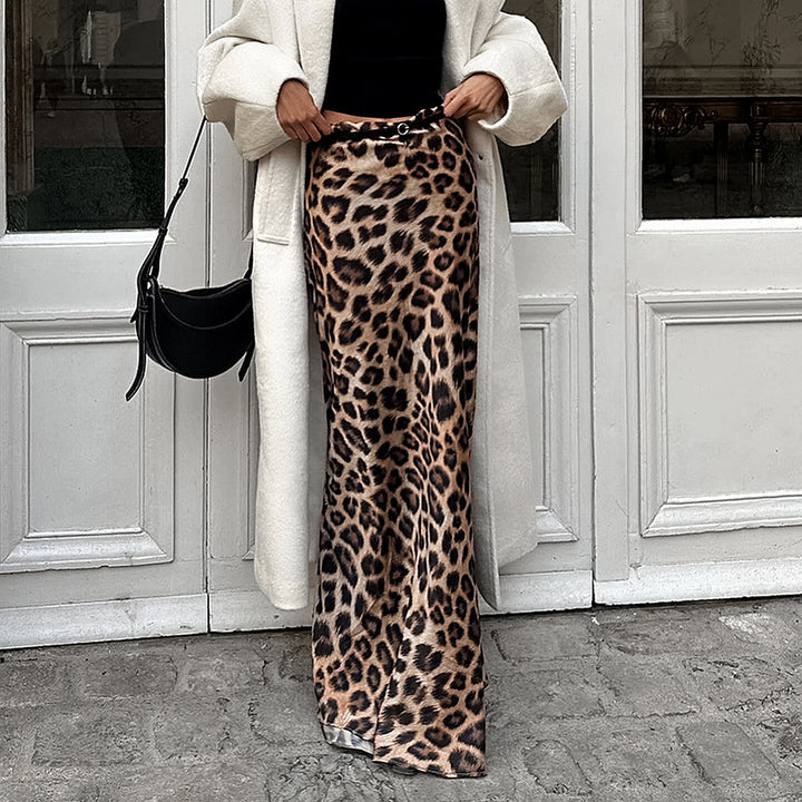 Dame Elegant Animal-Print Maxiskirt med højt split og kvalitetsstof Stilla