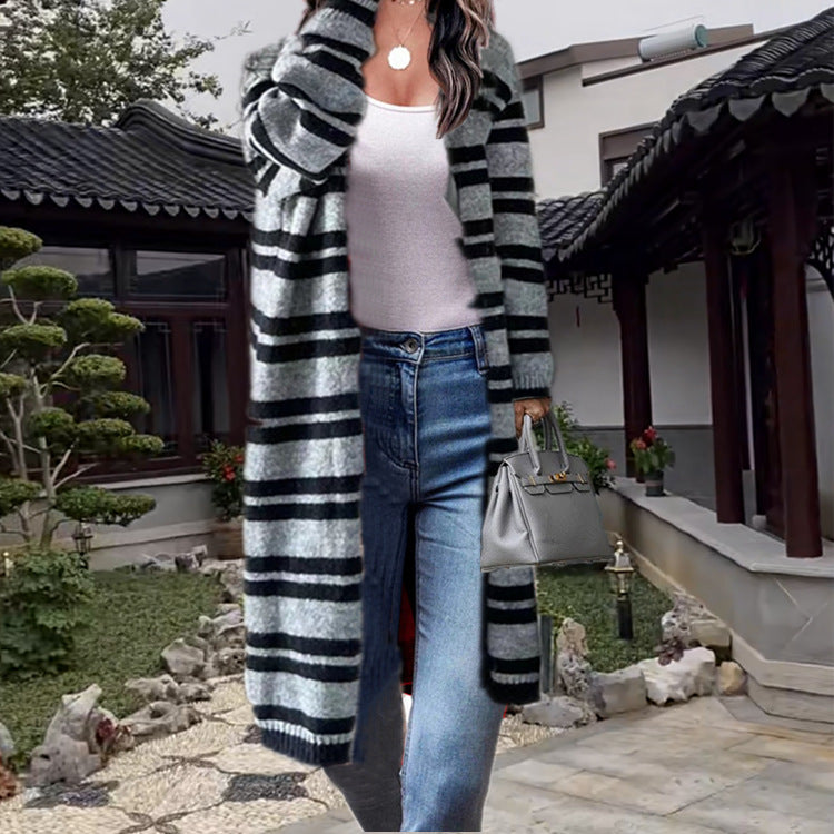 Kvinders chunky strik cardigan med brede striber og afslappet pasform Stilla