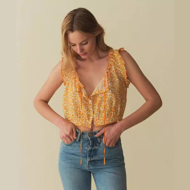 Dame Crop-Top med legesyge flæsedetaljer og blomstret design Stilla