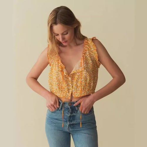 Dame Crop-Top med legesyge flæsedetaljer og blomstret design Stilla