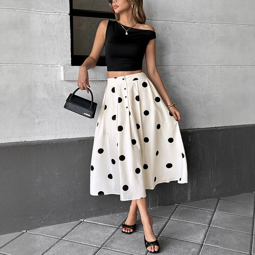Dame Polka Dot A-Linie Midi-Nederdel med justerbar talje Stilla