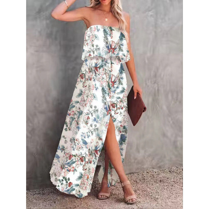 Kvinder Strapless Floral Maxi Kjole med Side Slids Stilla