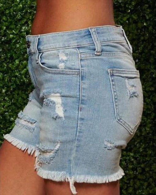 Dame afslappede Destroyed Denim-shorts med frynset kant og høj talje Stilla