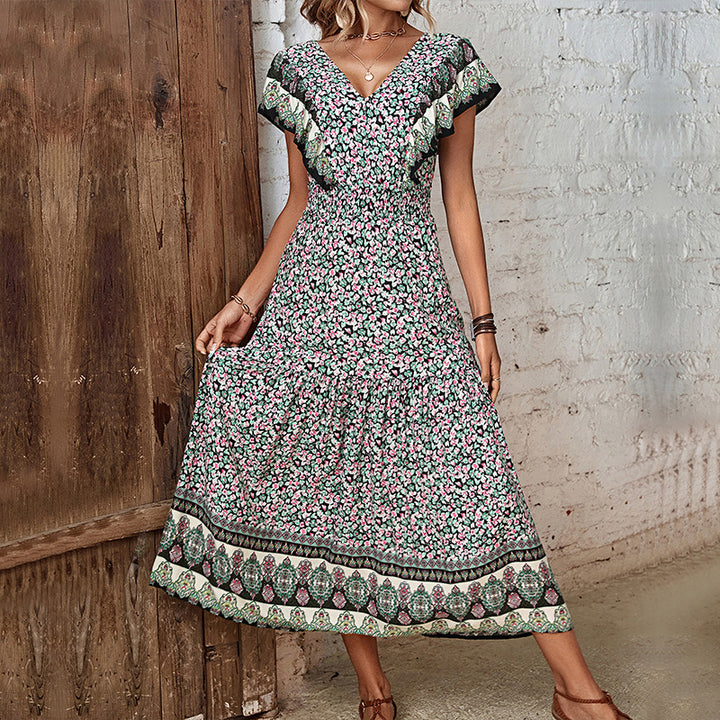 Dame Rynkende Floral Maxi Kjole med Vintage Tryk Stilla