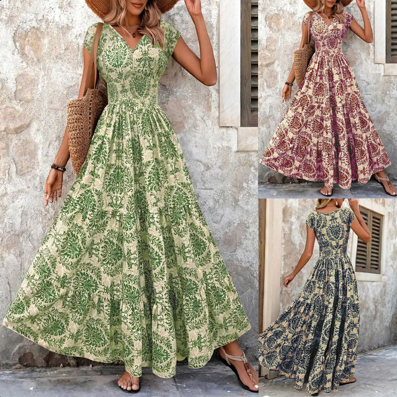 Dame Maxikjole med elegant floral-design og elastisk taljegummi Stilla