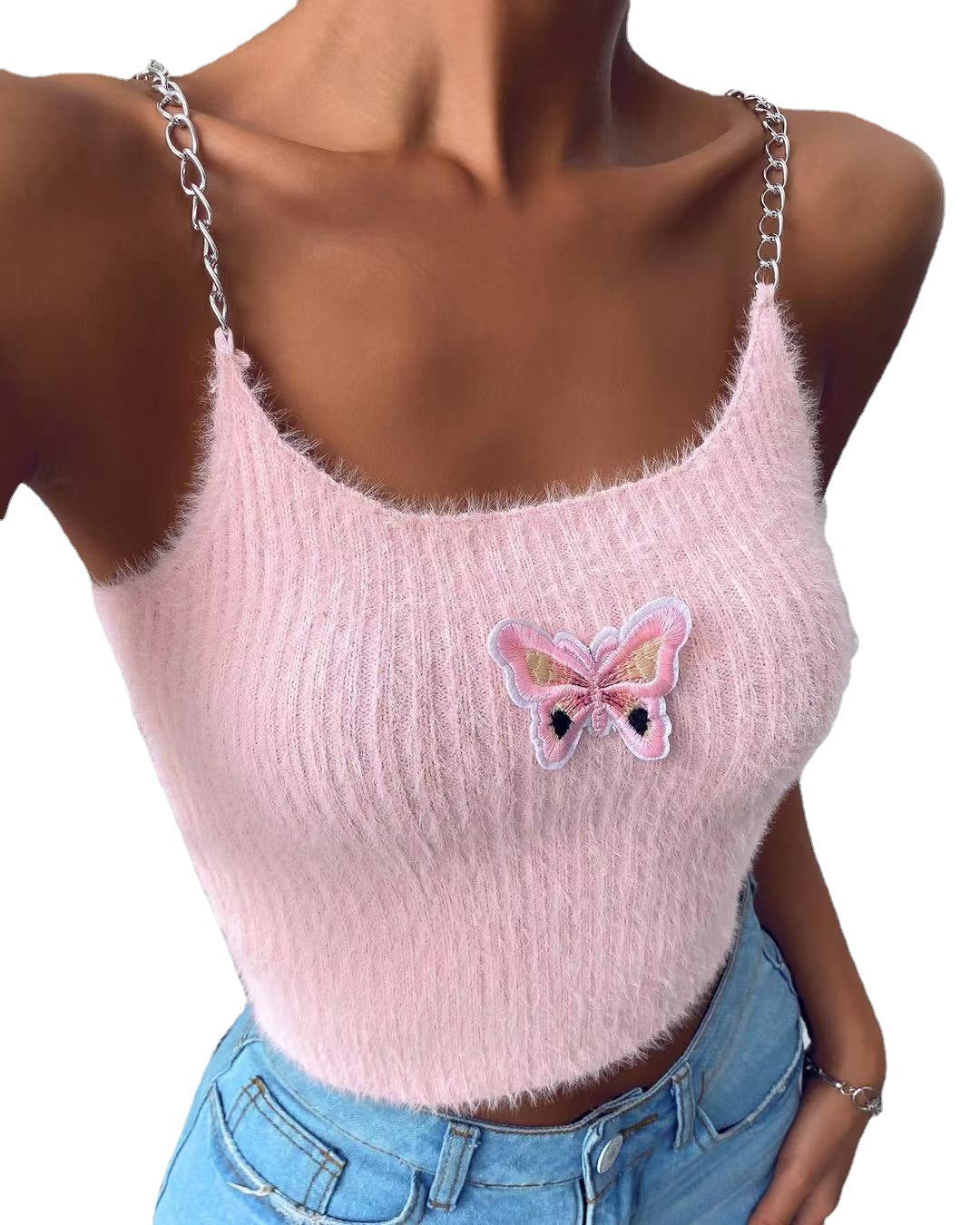 Dame cropped top med dekorativt sommerfugledesign og kædetrækkere Skovae