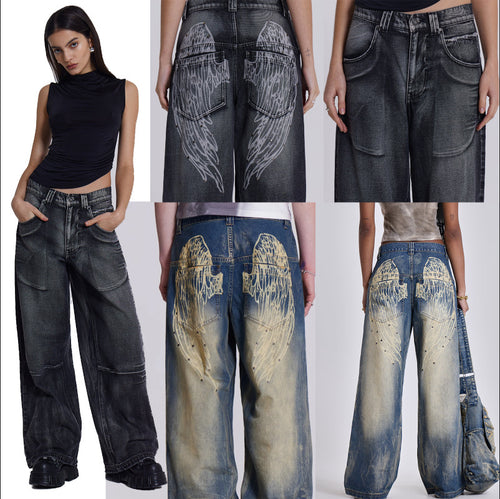 Dame Løst skårede jeans med iøjnefaldende englevinge-design og moderigtig brugt-look Stilla