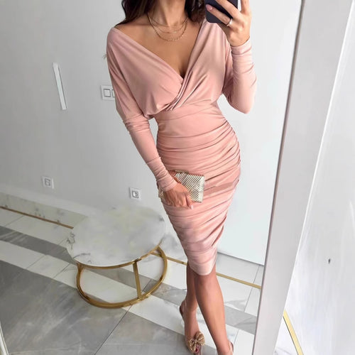 Dame Elegant Draperet Midi Kjole Stilla