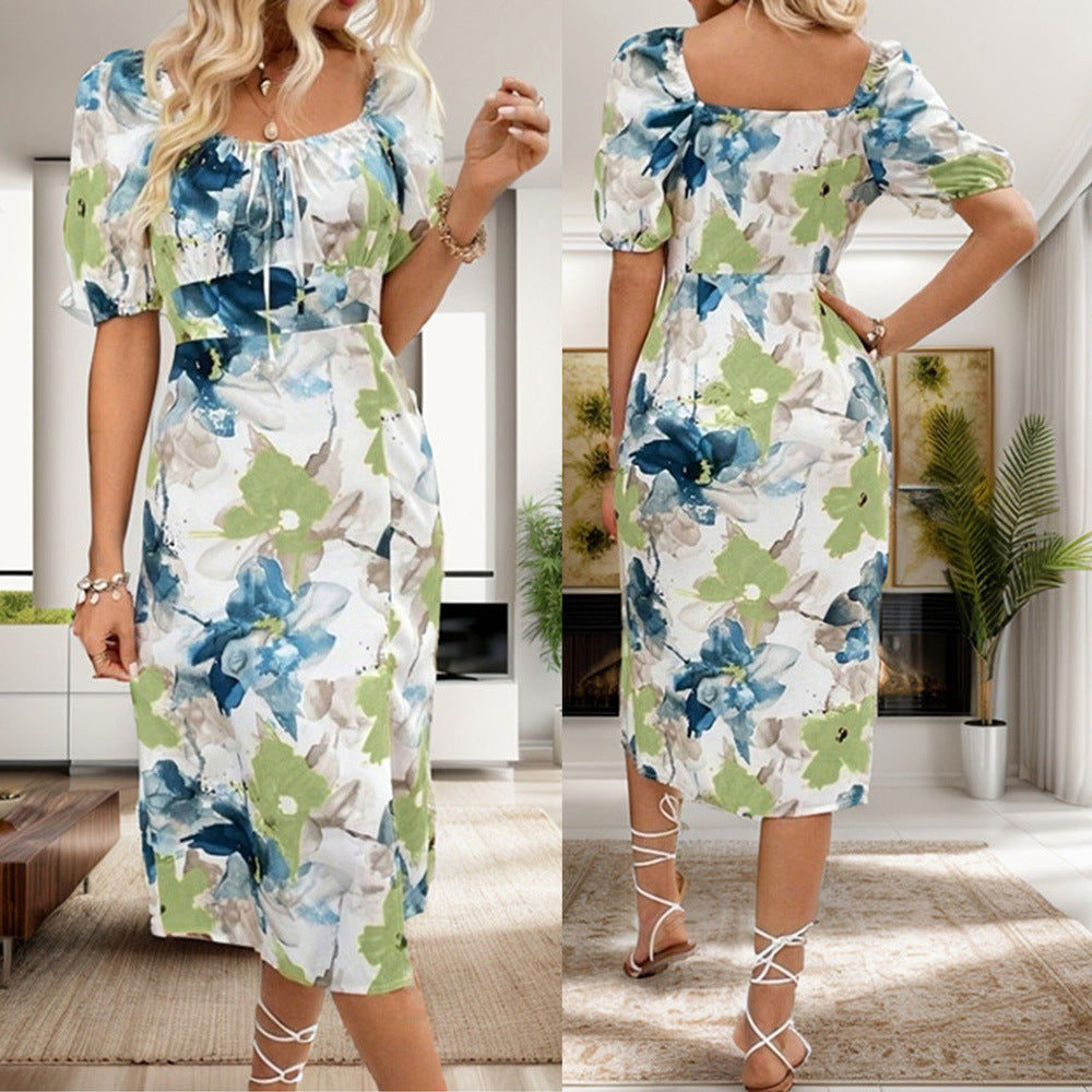 Dame Midikjole med afslappede puffærmer og elegant blomsterprint Stilla