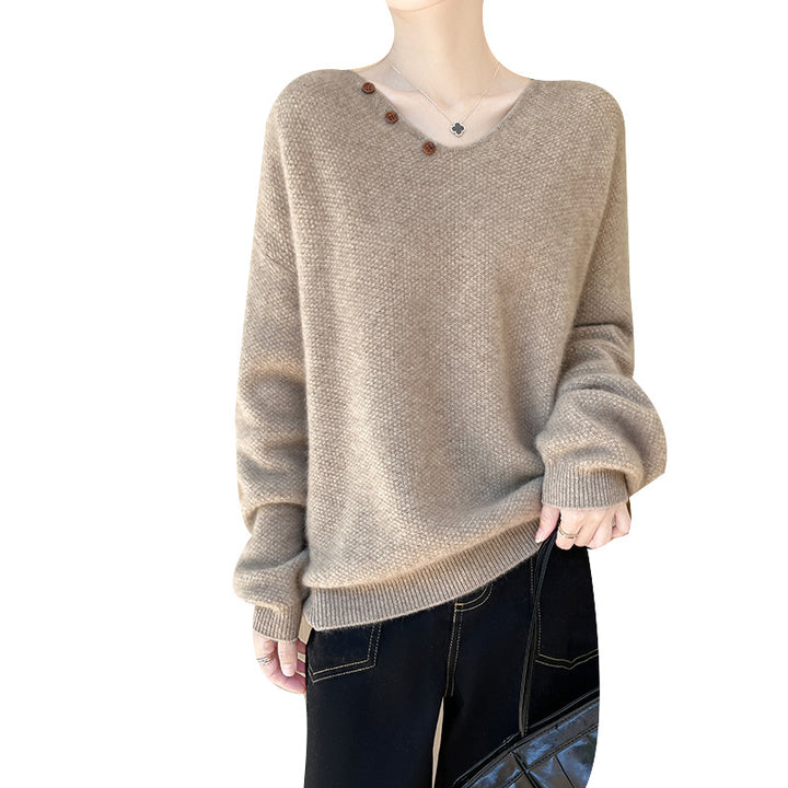 Femme Cozy V-Udskæring Knap Detalje Pullover Stilla