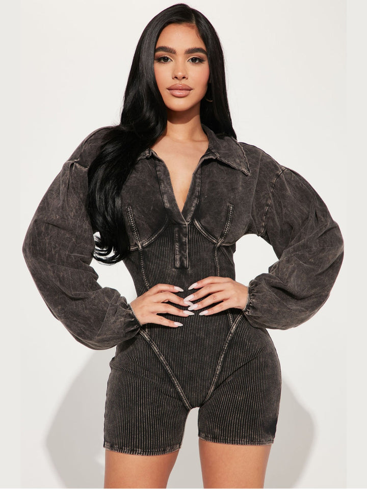 Damer Mode Jumpsuit med Puffærmer og Ribbet Struktur Stilla