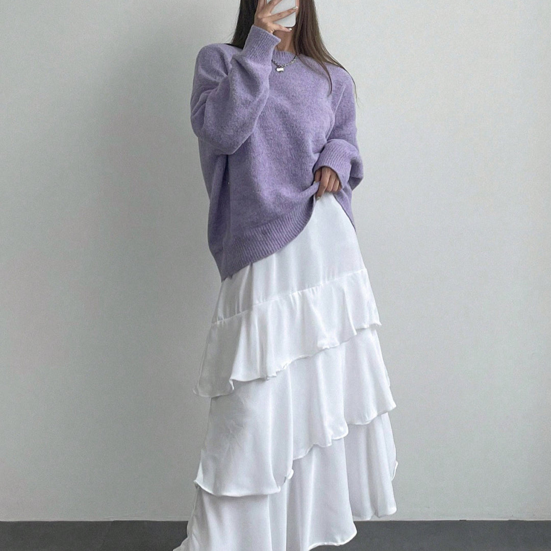 Femme Cozy Oversized Tekstureret Strikpullover med lagdelt Maxi-Nederdel Stilla