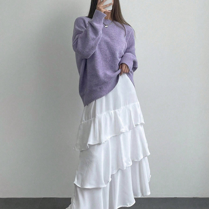 Femme Cozy Oversized Tekstureret Strikpullover med lagdelt Maxi-Nederdel Stilla