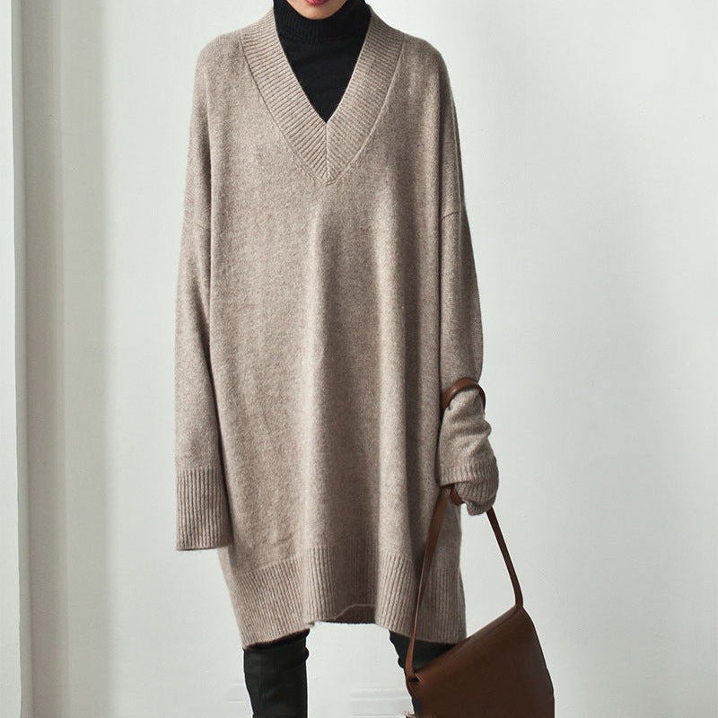 Femme Oversized V-Udskæring Strik Tunika Sweatshirt Stilla