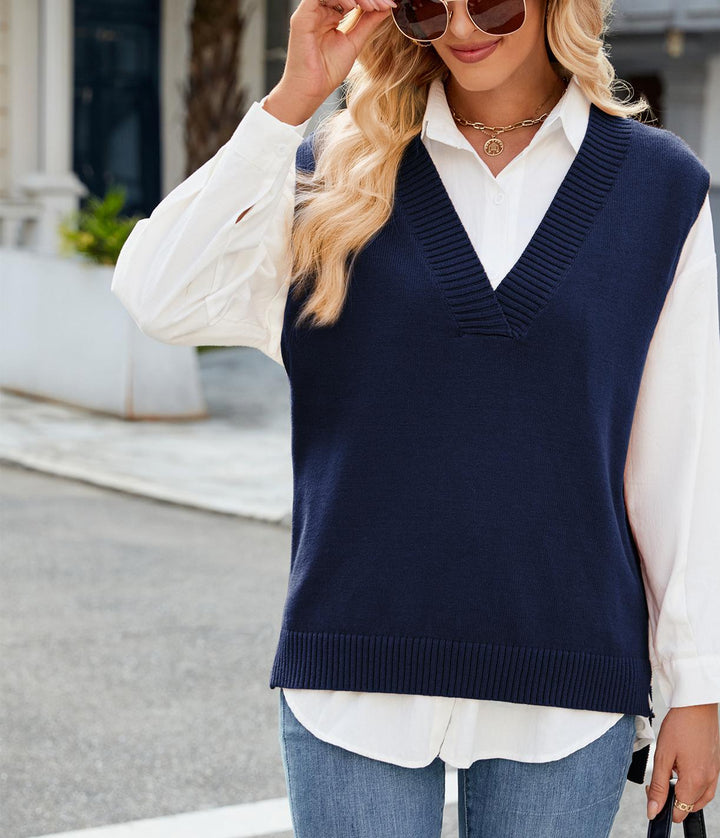 Dame Elegant Strikpullover uden ærmer med V-hals og afslappet snit Stilla