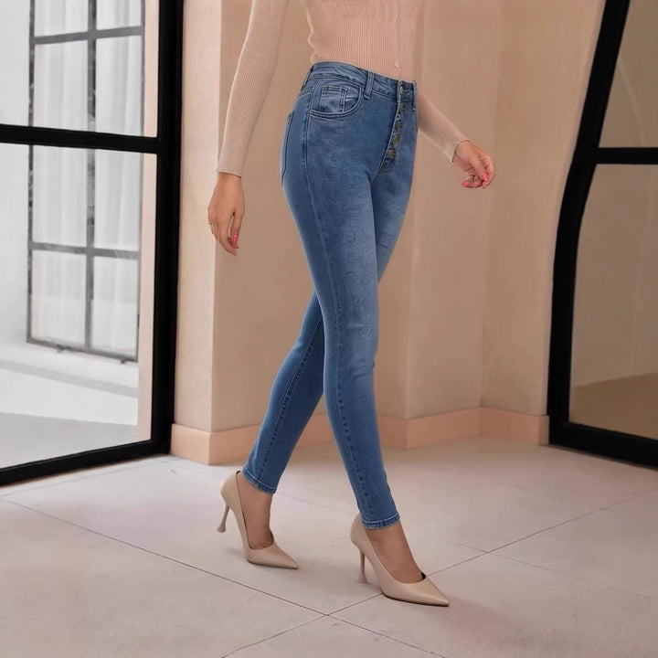 Dame Slim-Fit Jeans med elegant knaplukning og høj talje Skovae