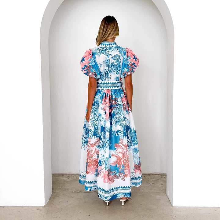 Dame Maxi-kjole i elegant blomsterdesign med voluminøse pufærmer og taljebælte Stilla