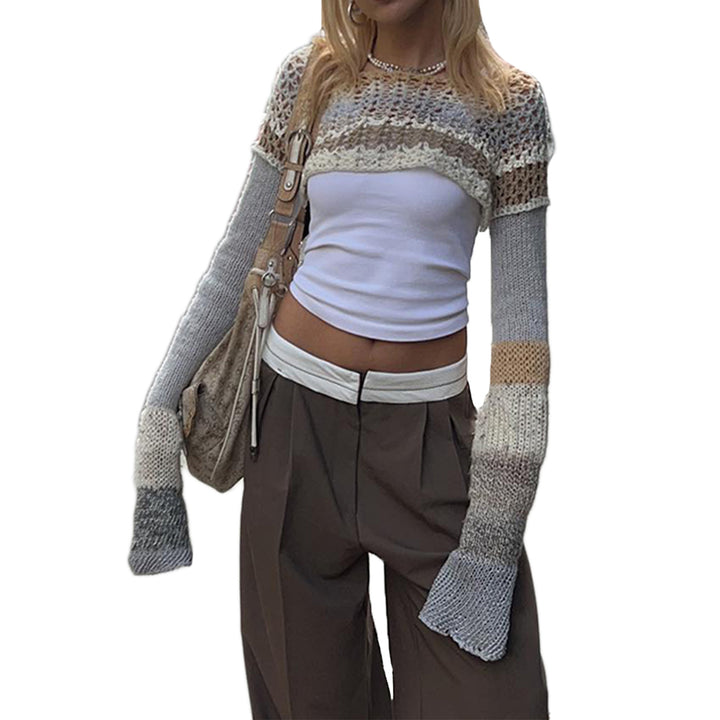 Dame hæklede crop-top med lange ærmer og farverige striber Skovae