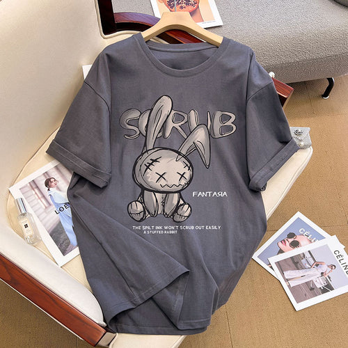Dame T-shirt med kreativt kaninmotiv og afslappet skrift Stilla