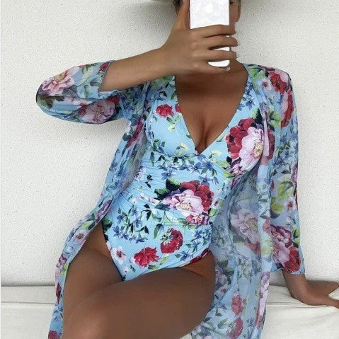 Dame blomsterprint badetøj cover-up og bikini sæt Stilla