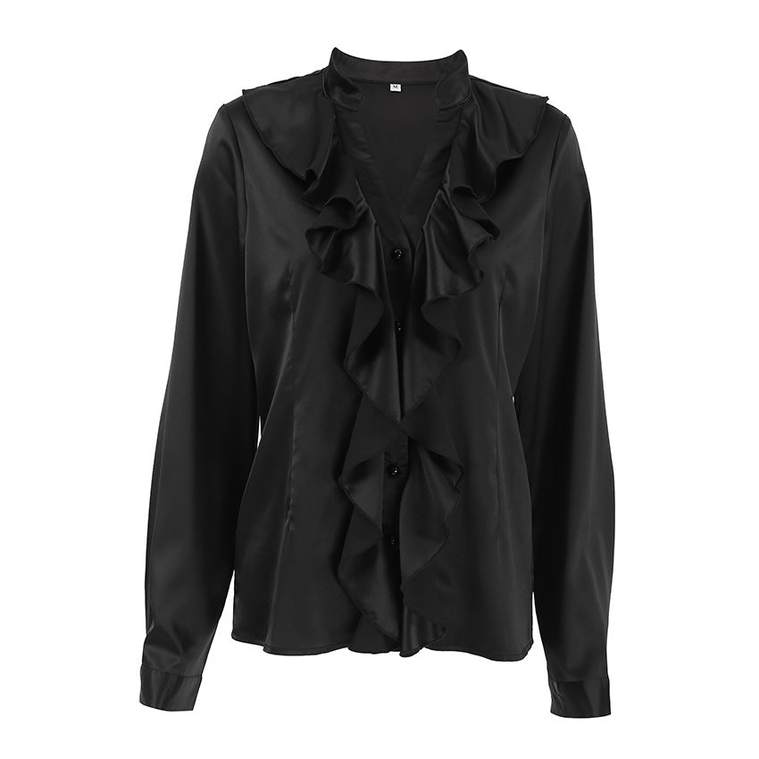 Dame elegant rufflebluse i høj kvalitet satin med fint V-halsudskæring Stilla