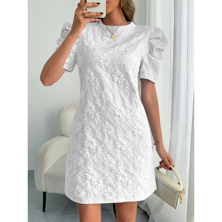 Damen Kurzarmkleid mit voluminiösen Ärmeln und floralen Stickereien Skovae