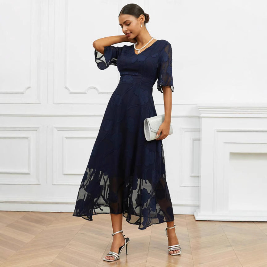 Dame elegant Midikjole med blomster Chiffon og V-udskæring Stilla