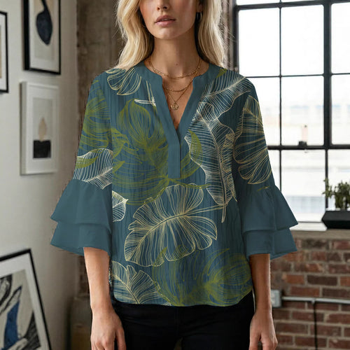 Damebluse med voluminøse rynkede ærmer og blomstertryk Skovae
