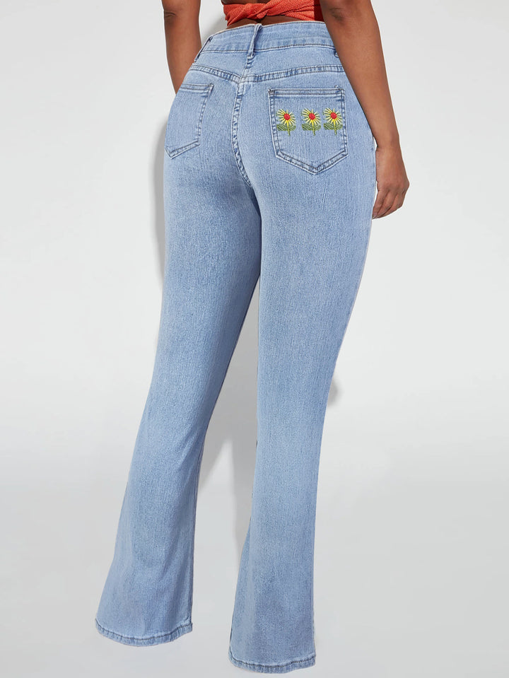 Dame Bootcut Jeans med floralt broderedesign og høj talje Stilla