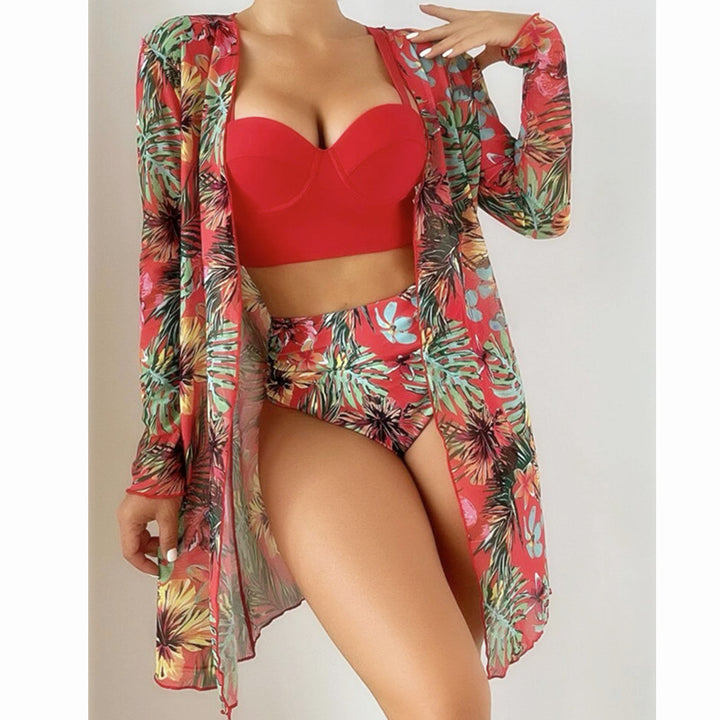 Dame bikini-sæt med floral kimono og polstret top Stilla