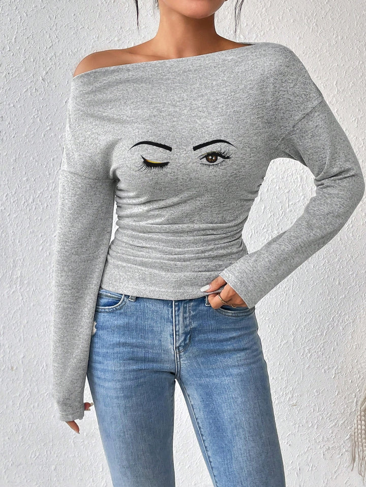 Dame Off-Shoulder Langærmet Skjorte med Rynkning Stilla