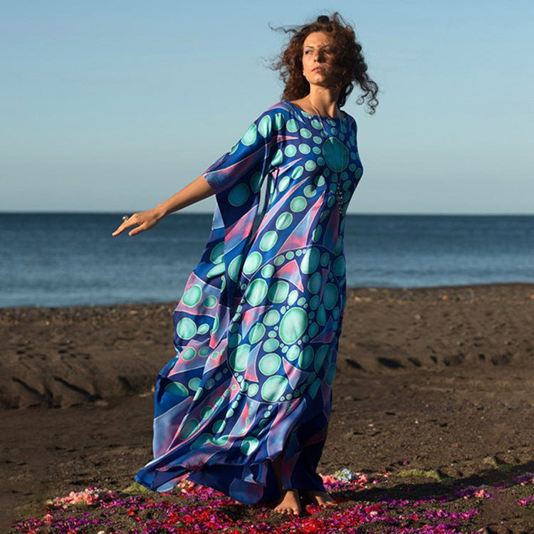 Dame luftig strandkaftan med farverigt geometrisk mønstertryk Stilla