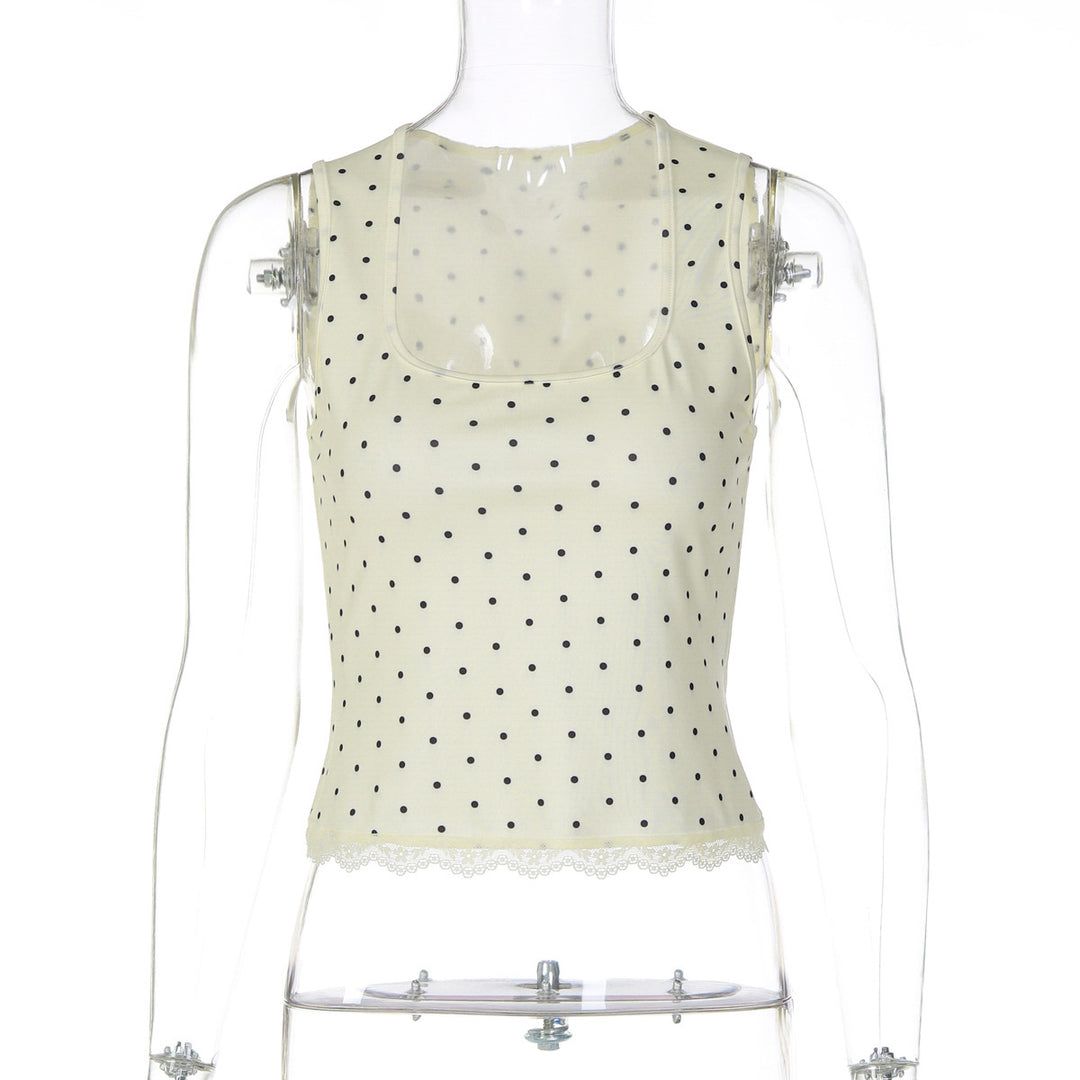 Dame polka-dot top med spidskant Skovae