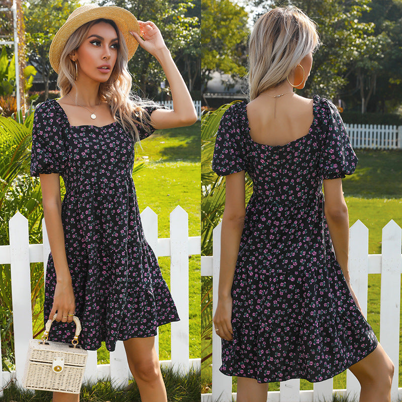 Damer Retro Floral Kjole med Bred Puf Ærmer og Voluminøs Skørt Stilla